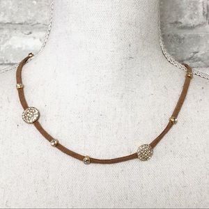 NWOT MARLYN SCHIFF Tan Cord Round Disc Rhinestone Jewel Bling Statement Necklace